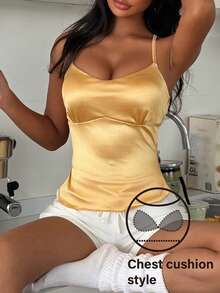 DAZY Áo hai dây hở lưng bằng satin gợi cảm có đệm mút, đồ ngủ mùa hè dành cho nữ. - Màu vàng - Xem 5