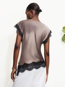 Aveloria Modichic Mocha & Black Lace Patchwork Asymmetrical Hem Cap Sleeve Blouse, Minimalist Luxury Versatile For Work, Date, Party, Vacation - Coffee Brown - View 3