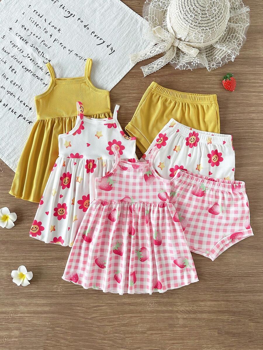 SHEIN 3件套柔软可爱女婴背带裤套装 - 彩色 - 查看 1