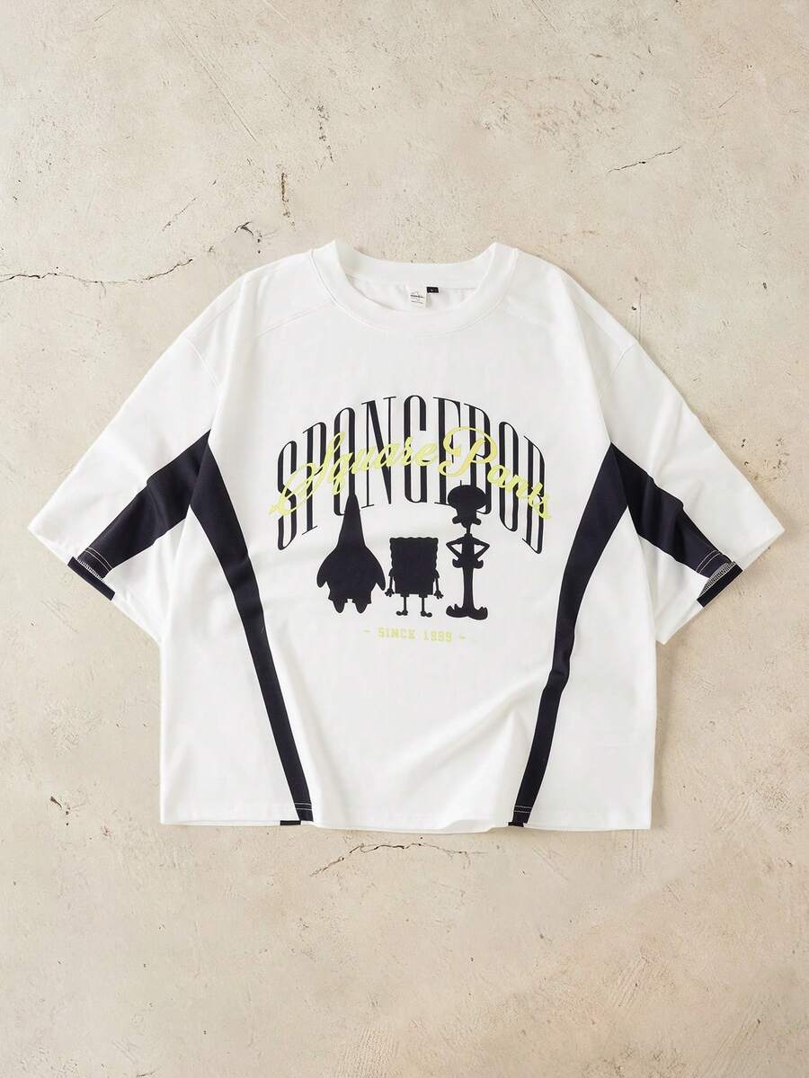 SpongeBob SquarePants | SHEIN 男士时尚百搭撞色字母印花圆领短袖T恤， - 白色 - 查看 1