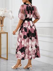 SHEIN Lady 女士印花圆领短袖优雅中长连衣裙 - 粉色 - 查看 2