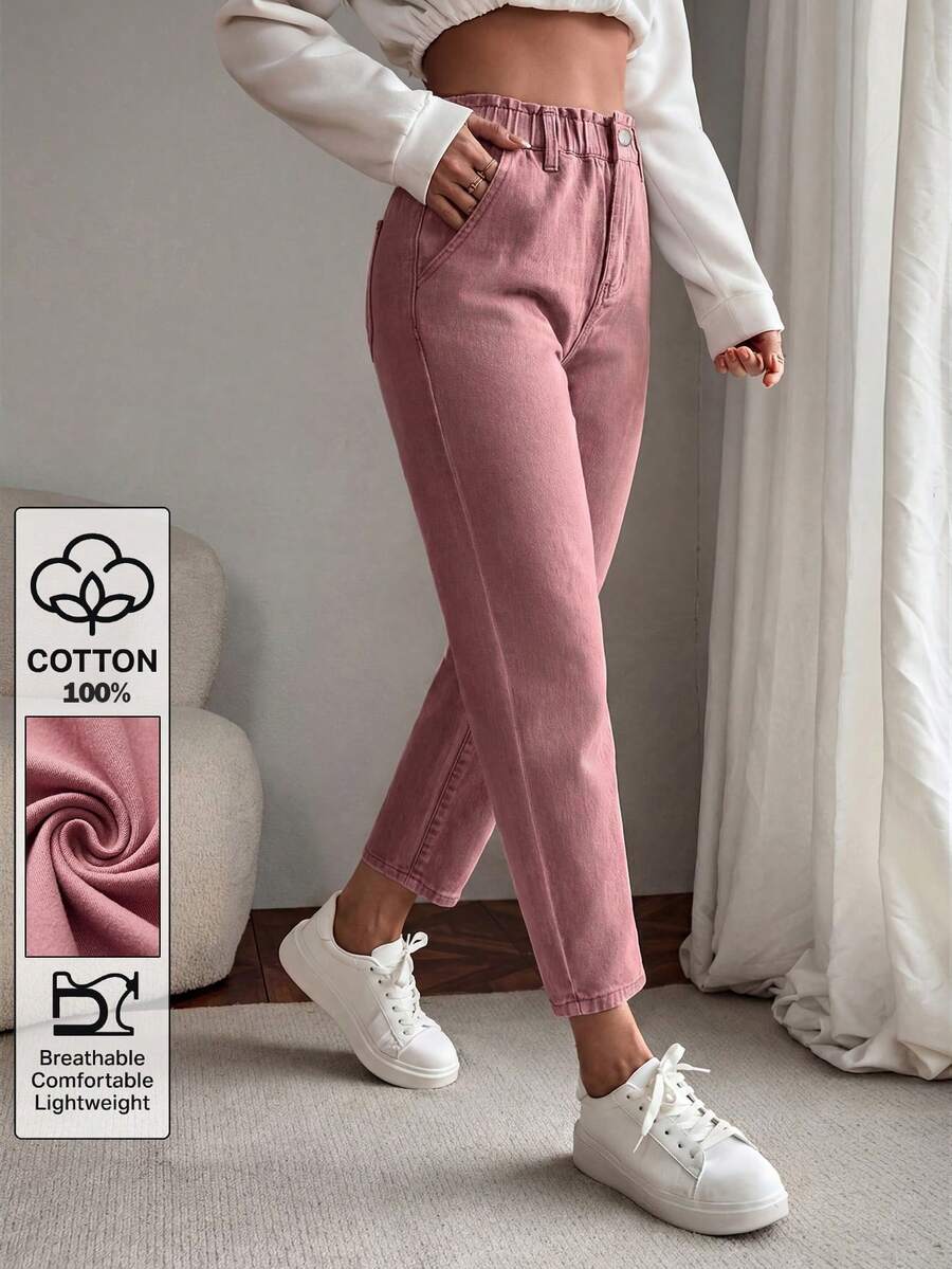 EMERY ROSE Women's Summer Paperbag Waist Straight Leg Jeans - Dusty Pink - View 1
