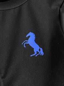 SHEIN 2件組男嬰黑色夏季休閒海灘套裝 短袖T恤與長褲 側邊綁帶裝飾馬匹印花 嬰兒男童服飾 - 黑色 - 查看 5