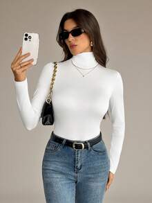 SHEIN Tall 2pcs/Set Solid Color Slim Fit Turtleneck White Tops, Suitable For Autumn And Winter, Tall Women Golf Basic - White - View 5