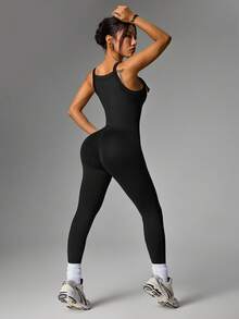 SHEIN HypeZone Damen Lässig Minimalist Strukturierter Stoff Skinny Jumpsuit, Frühling/Sommer - Schwarz - Übersicht 2