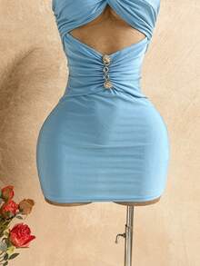Soleia Women's Solid Color Halter Metal Decor Ruched Sexy Mini Dress For Dates & Parties,Dresses For Women Summer No Chest Padding - Teal Blue - View 4
