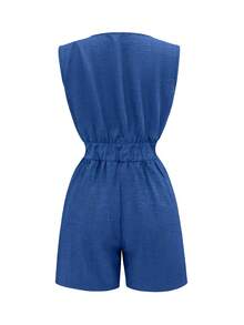 Elenzga Bộ jumpsuit màu xanh nhạt cổ chữ V, thắt eo, ống rộng, không tay, hàng mới về mùa hè. - Màu xanh bụi bặm - Xem 3