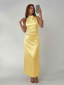 Aloruh Women's Yellow Draped Neck Tie-Waist Ruched Backless Dress, Summer, Dresses For Women Wedding Formal Party Elegant,Wedding Guest,Dresses For Women Summer - Pale Yellow - View 8