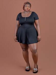 CurvyTilda Plus Size Women's Square Neck Black Short Sleeve Romper, Summer, For Hourglass Body Shape - Black - View 7