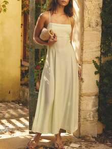 Aralina Vestido Minimalista de Sensação de Linho, Fluido, Longo, Sem Costas, Estilo de Férias, Vestidos de Verão para Mulheres - Verde - Visão 5