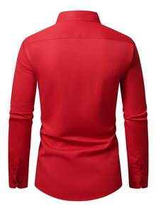 Manfinity Mode Men's Solid Color Single-Breasted Casual Long Sleeve Formal Shirt, Ceremony - Red - View 2