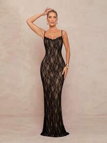 Lumalex Damen Spitze Sexy Taille raffende lange Träger Fishtail Kleid für Partys - Schwarz - Übersicht 4