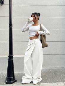 SHEIN EZwear 大码女式白色阔腿宽松休闲裤 - 白色 - 查看 5