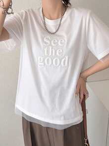FRIFUL Women's Summer Solid Color Patchwork Sheer Mesh Loose Casual Versatile T-Shirt - White - View 5