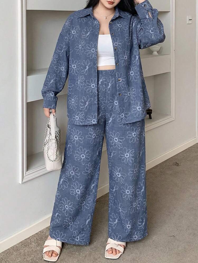 Dazy Plus Western Style Beach Vacation Solid Color Faux Denim Linen Loose Casual Plus Size Women 2 Piece Set, Spring/Autumn