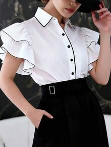 SHEIN LUNE 法式优雅双层荷叶袖撞色衬衫 - 白色 - 查看 5