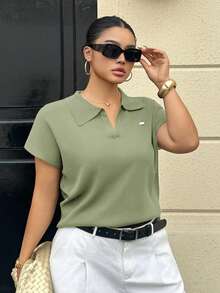 Dazy Plus Plus Size Women Casual Loose Solid Color Half-Placket Short Sleeve Knit Top, Suitable For Spring And Summer Commuting - Mint Green - View 1