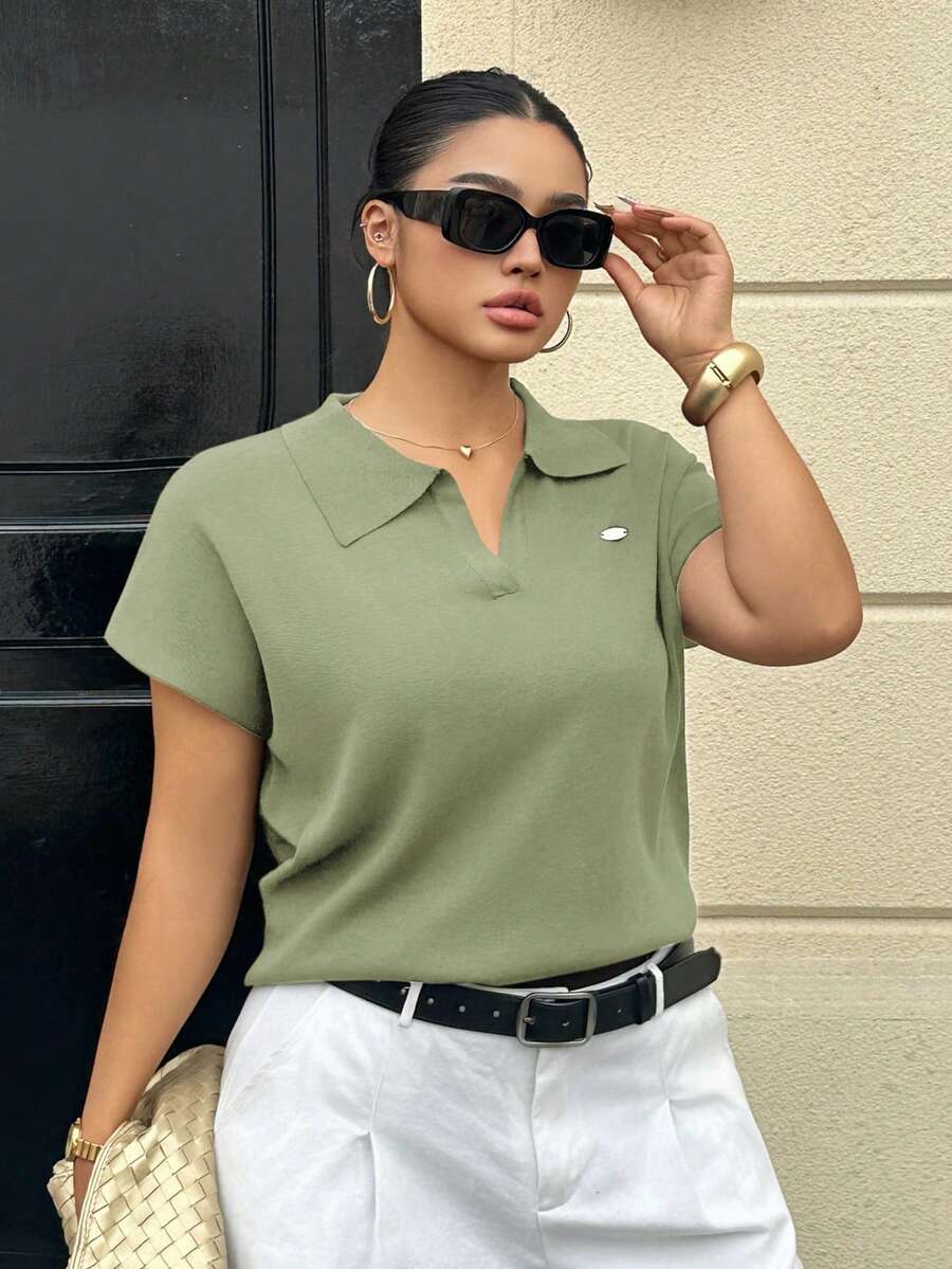 Dazy Plus Plus Size Women Casual Loose Solid Color Half-Placket Short Sleeve Knit Top, Suitable For Spring And Summer Commuting - Mint Green - View 1