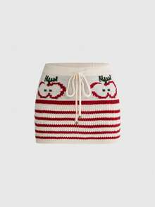 Sweetness 甜苹果提花针织高腰抽绳条纹紧身迷你裙（女款） - 杏色 - 查看 1