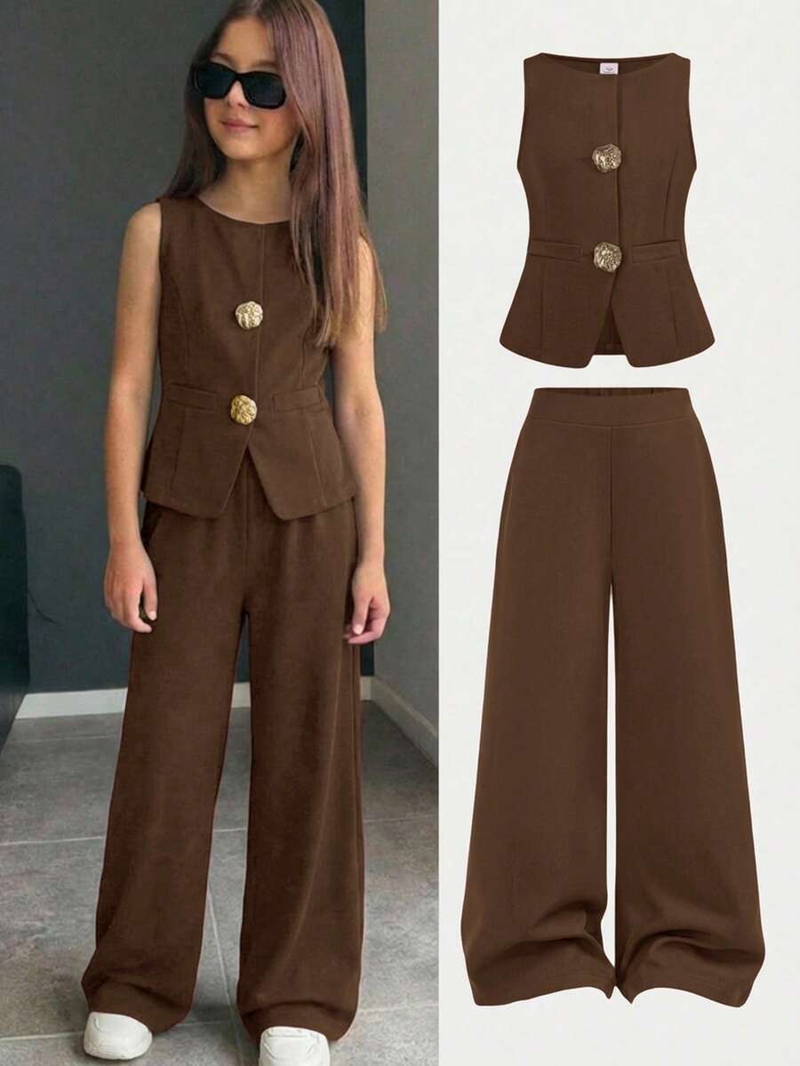 Firerie Kids 2pcs/Set Tween Girls' Casual Commuting Fashion Wine Red Button Decor Vest Top And Leggings Set - Brown - View 1