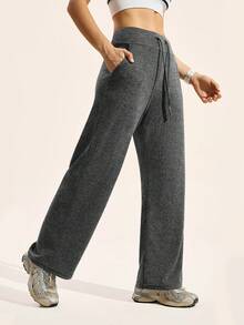 Exploreva Pantalones deportivos de unicolor con cordón en la cintura - Gris Oscuro - Ver 5