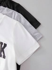 3 sets/6 piezas Conjunto de camiseta de manga corta con estampado de eslogan y pantalones cortos casuales para niños, adecuado para uso diario, vacaciones, deportes, verano - Blanco y Negro - Ver 7