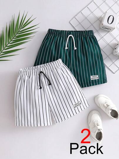 SHEIN Streecool Kids 1 قطعة شورت رياضي مخطط بطباعة بسيطة للأولاد، مناسب للارتداء اليومي، العطلات، السفر، الاسترخاء، التشمس، الربيع/الصيف