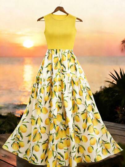 Franclia Vacation Style Yellow Patchwork Lemon Print Cinched Waist Dress