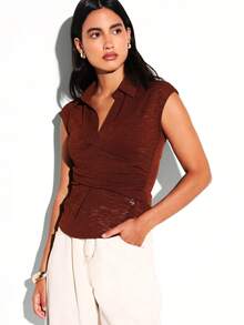 KSTM Sleeveless Knitted Polo Top With Buttoned Placket And Ribbed Waistband Detail Casual Fitted Tank - Brown - View 4