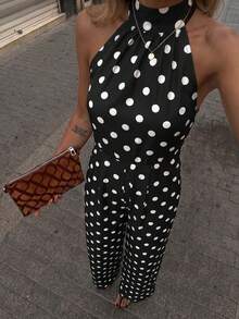 Firerie Women's Elegant Daily Commute Brunch Fashion New Vacation Versatile Halter Black White Polka Dot Backless High Waist Wide Leg Jumpsuit, Summer - Black and White - View 5