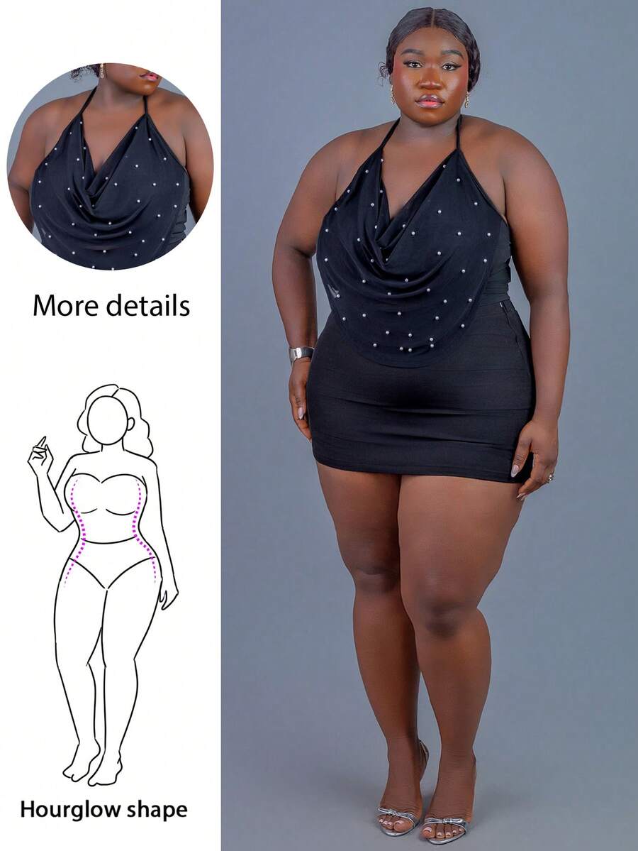 CurvyTilda Damen Große Größen Sommer weite, fließende Träger-Bluse mit Perlen-Mesh-Rücken, elegant-lässig für Urlaub, Musikfestivals und Partys - Schwarz - Übersicht 1