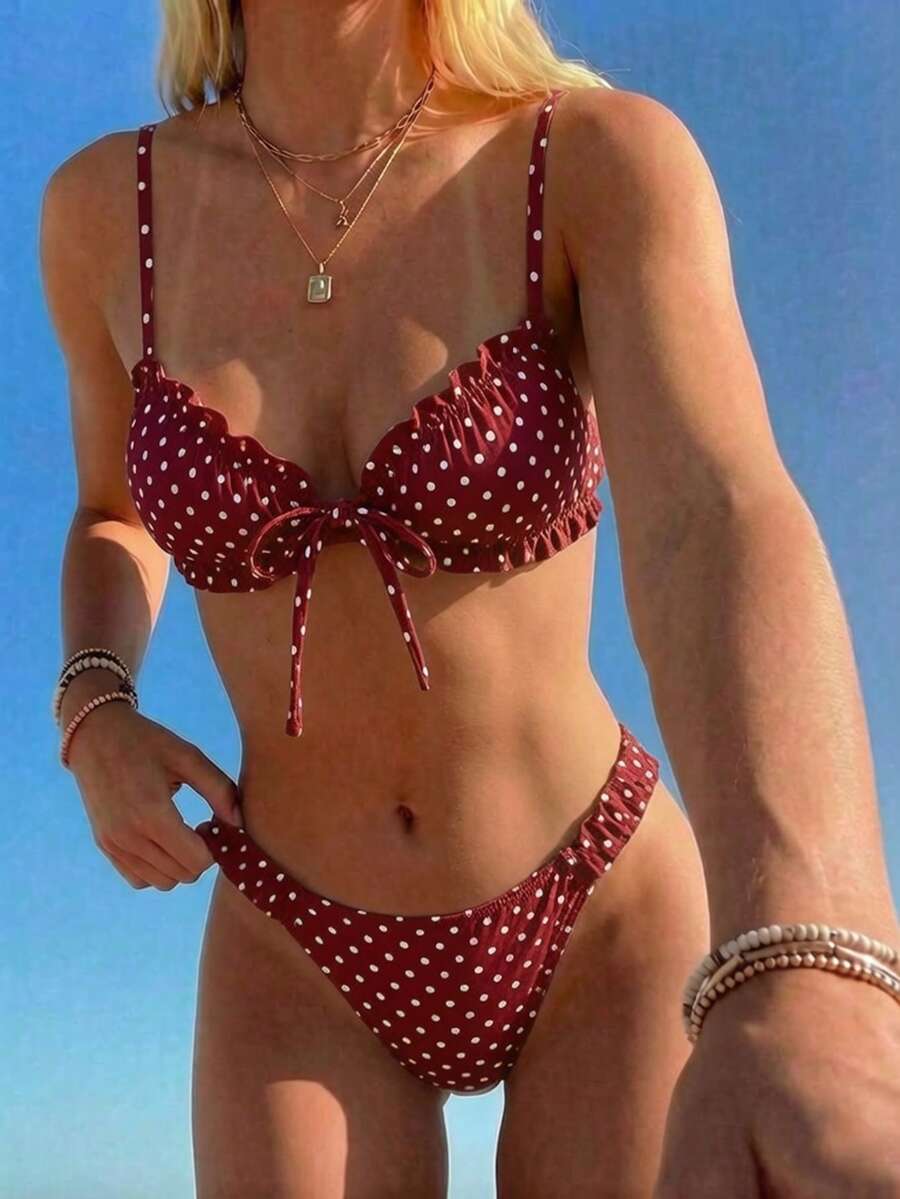 Swim Mod Bộ bikini chấm bi, đồ bơi gợi cảm dành cho nữ với dây đeo có thể điều chỉnh, thích hợp cho mùa xuân/hè. - Đỏ - Xem 1