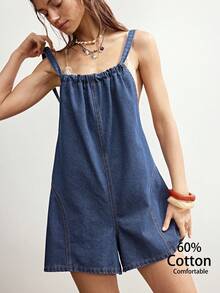 Bohemela Jumpsuit Denim Tenun Warna Polos Kasual Wanita Tanpa Punggung - Putih - View 2