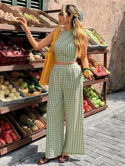 Serisse Women's Plaid Halter Top And Wide Leg Pants Casual 2 Pieces Set