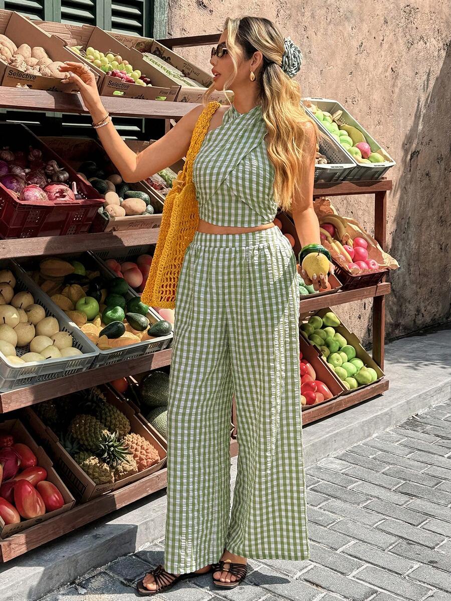 Serisse Women's Casual Vacation Green Plaid Criss-Cross Crop Halter Top And Wide Leg Pants Casual 2 Pieces Set,Green Two Piece Set, Summer Pant Set, Boho Two Piece Set,Slimming Casual Set,Summer Vacation Outfits,Holiday Outfits For Women, Summer Outfits For Women , Holiday Outfits Western Wear Women Summer Holiday Outfits,Vacation Outfits For Women Resort, Summer 2 Piece Sets Woman Casual Two Piece Set Comfortable Two Piece Set - Green - View 1