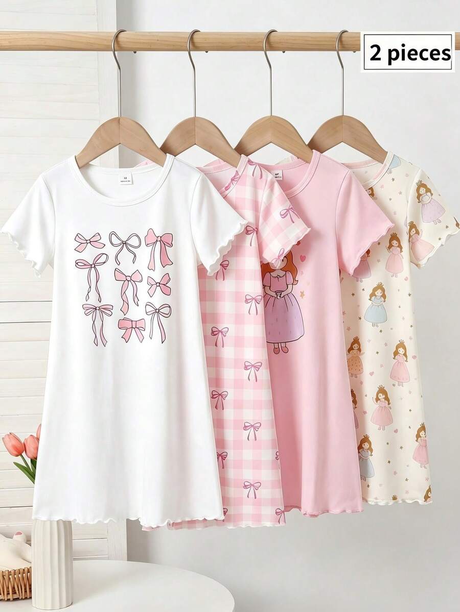 2件少女服飾,白色,夏季,仙女風,家庭套裝甜美圓領短袖睡裙洋裝,粉色格紋蝴蝶結印花睡衣 - 粉色 - 查看 1