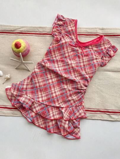 Dazy Kids Tween Girl Rutig Rosettdekor Baddräkt, Lämplig För Strandsemester, Poolparty, Strandfest