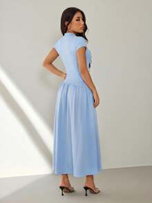 SHEIN PETITE Women's Summer Simple Solid Color Pleated A-Line Dress,Summer Dresses For Women - Baby Blue - View 3