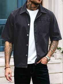 EGENSIO Men's Street Style Single-Breasted Denim Jacket - Black - View 1