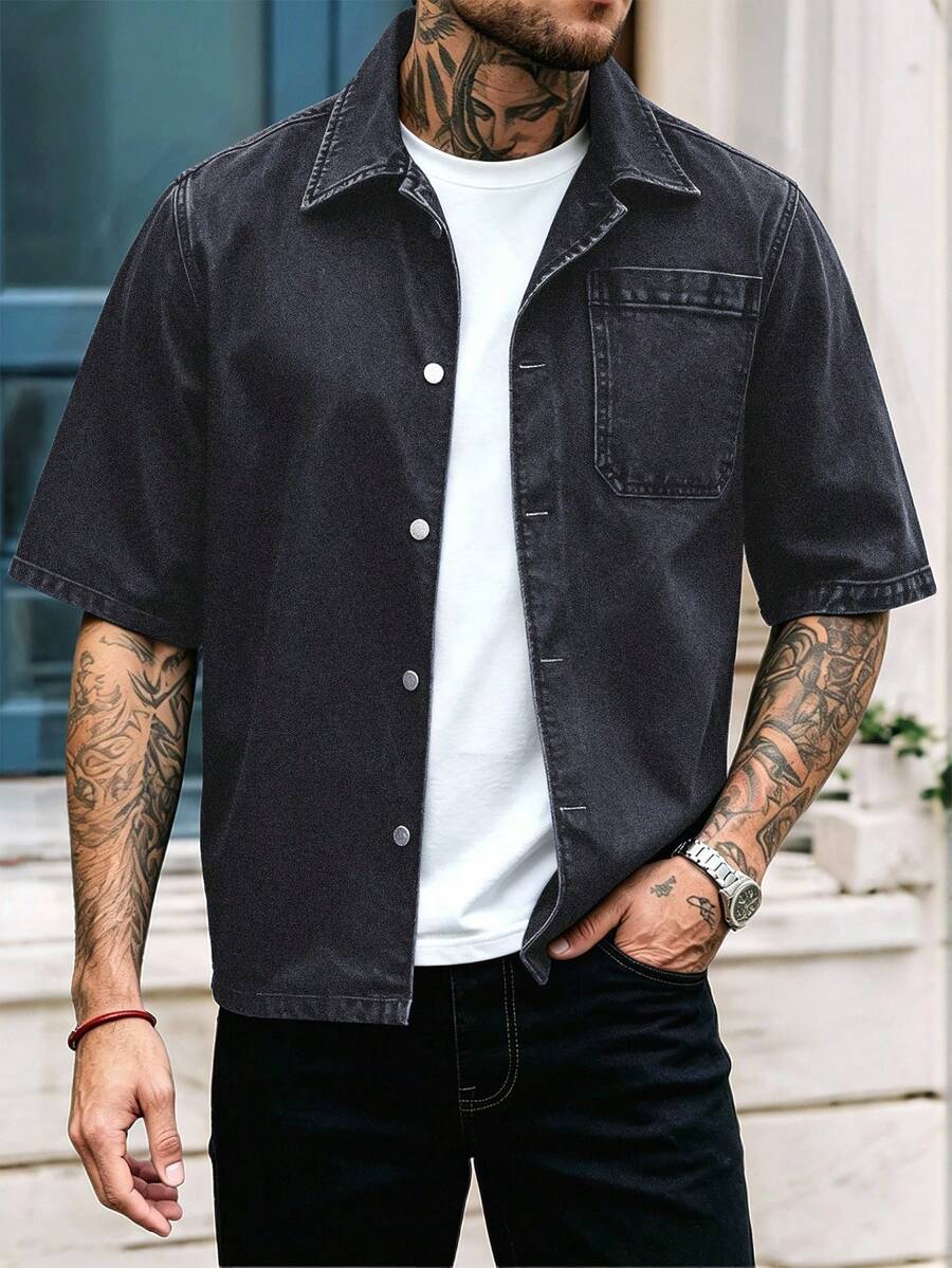 EGENSIO Men's Street Style Single-Breasted Denim Jacket - Black - View 1