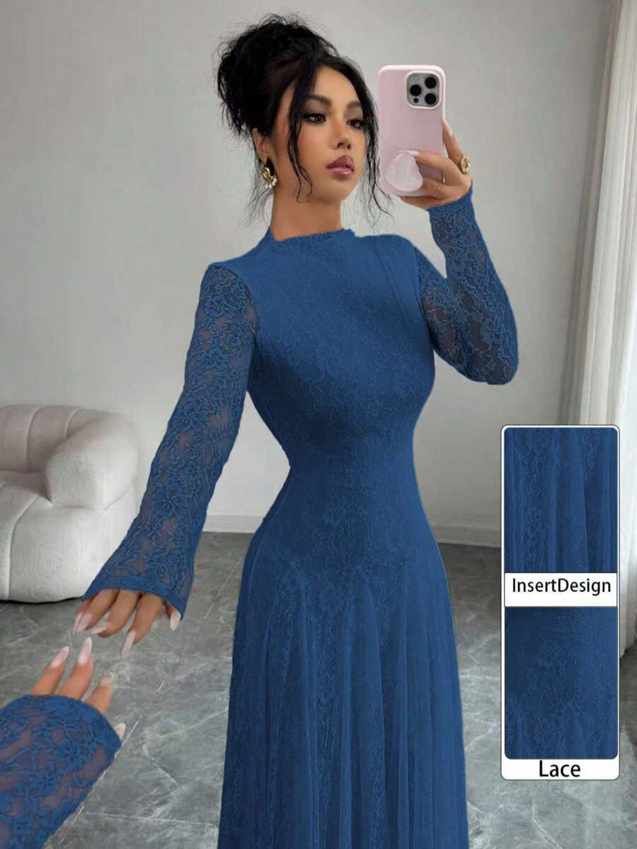 Modelyn 酒红色高领收腰蕾丝连衣裙(女款) - 藍色 - 查看 1