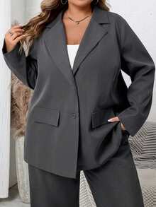 SHEIN CURVE+ Blazer de negocios casuales de unicolor talla grande - Gris Oscuro - Ver 9