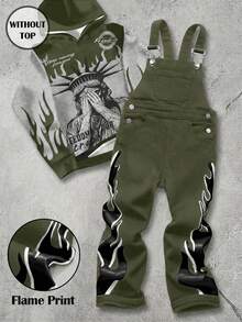 Young Boys Sleeveless Fashion Flame Pattern Black Denim Overalls - Army Green - View 1