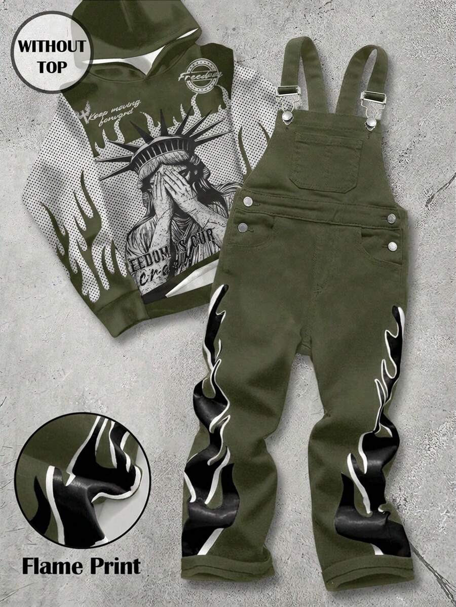 Young Boys Sleeveless Fashion Flame Pattern Black Denim Overalls - Army Green - View 1