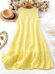 SHEIN LUNE CURVE 女款大尺碼白色夏季可愛野餐度假無袖V領條紋絲網印花仿刺繡休閒洋裝，前襟附鈕扣 - 彩色 - 查看 2