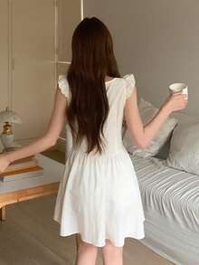 Livesso 女士纯色前扣连体裤家居服夏季 - 白色 - 查看 2