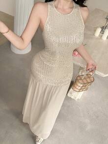 Feyla 优雅亮片拼接雪纺女装 - 杏色 - 查看 2