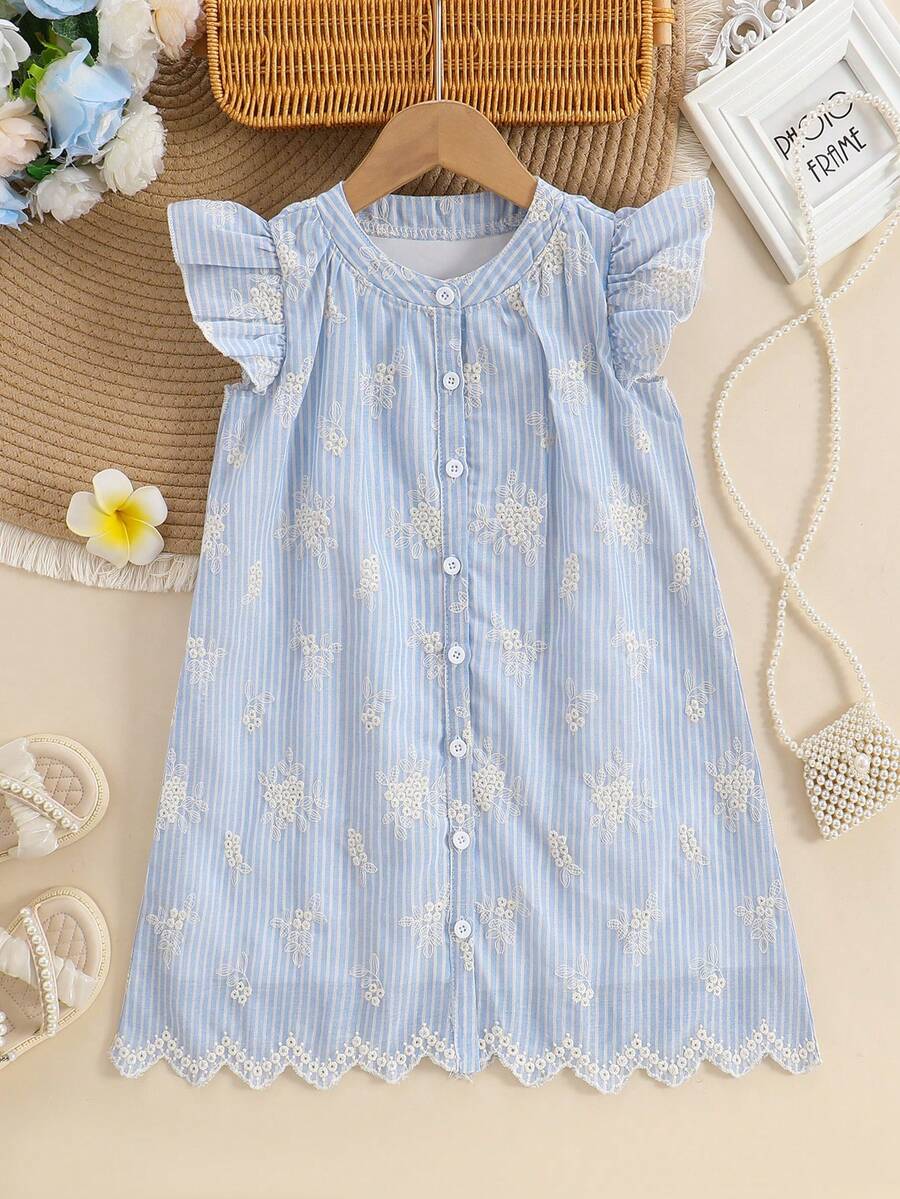 SHEIN Elladie kids 少女蕾丝镂空短袖公主风碎花连衣裙,可爱甜美风格,简约时尚,百搭舒适,适合夏季外出、购物、旅行、散步等场合。 - 藍色 - 查看 1