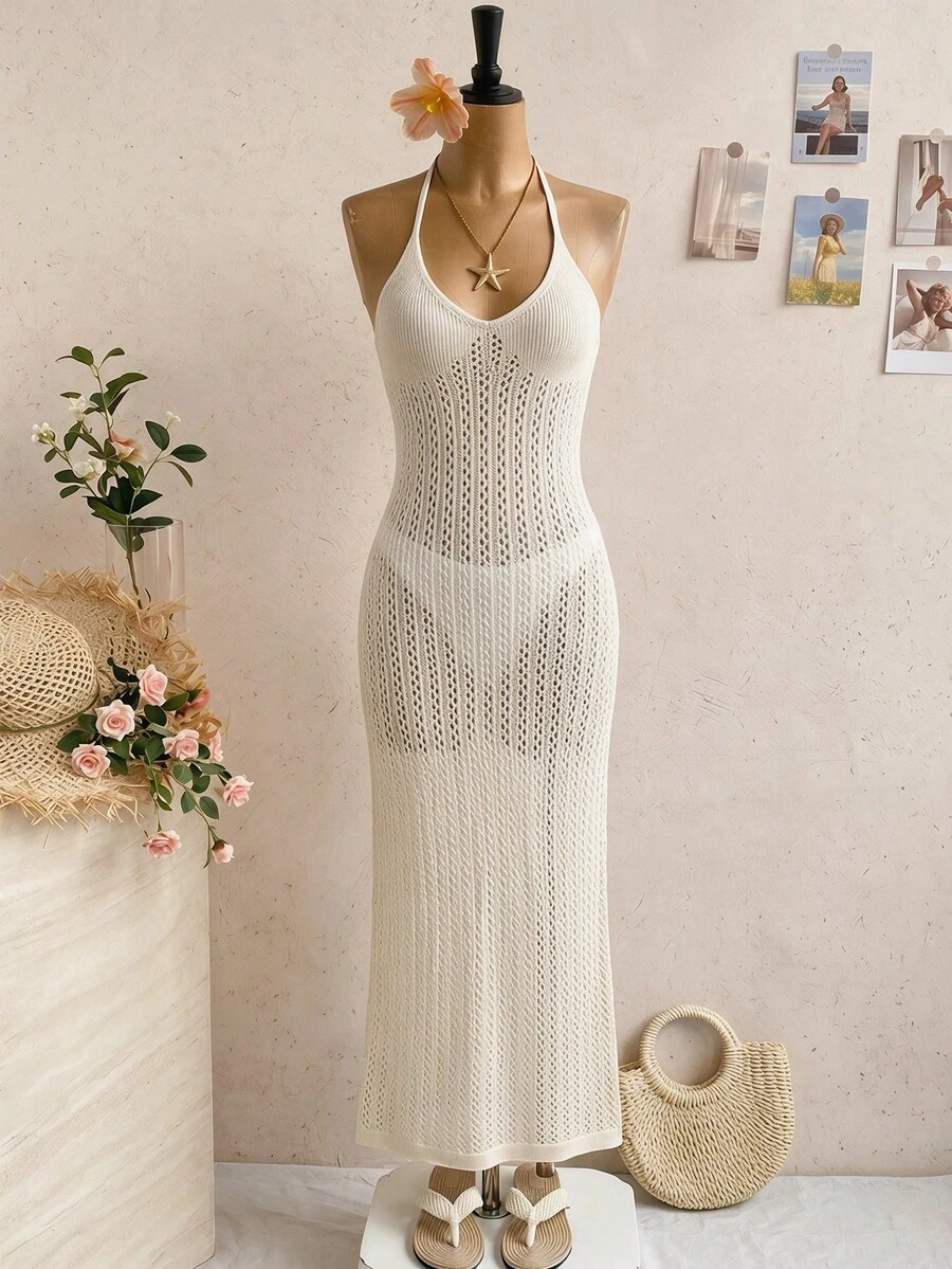 SHEIN 少女钩针编织罩衫连衣裙，休闲沙滩度假长裙 - 杏色 - 查看 1