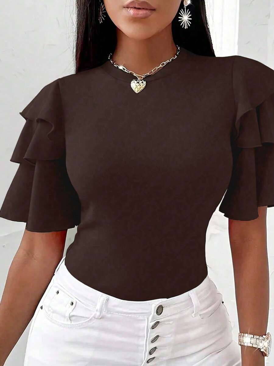 EMERY ROSE Women's Solid Color Round Neck Ruffle Sleeve Casual T-Shirt - Coffee Brown - View 1